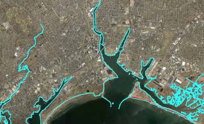 A map showing five points distributed along the shoreline of Connecticut that were chosen as locations for reporting results from the wave modeling