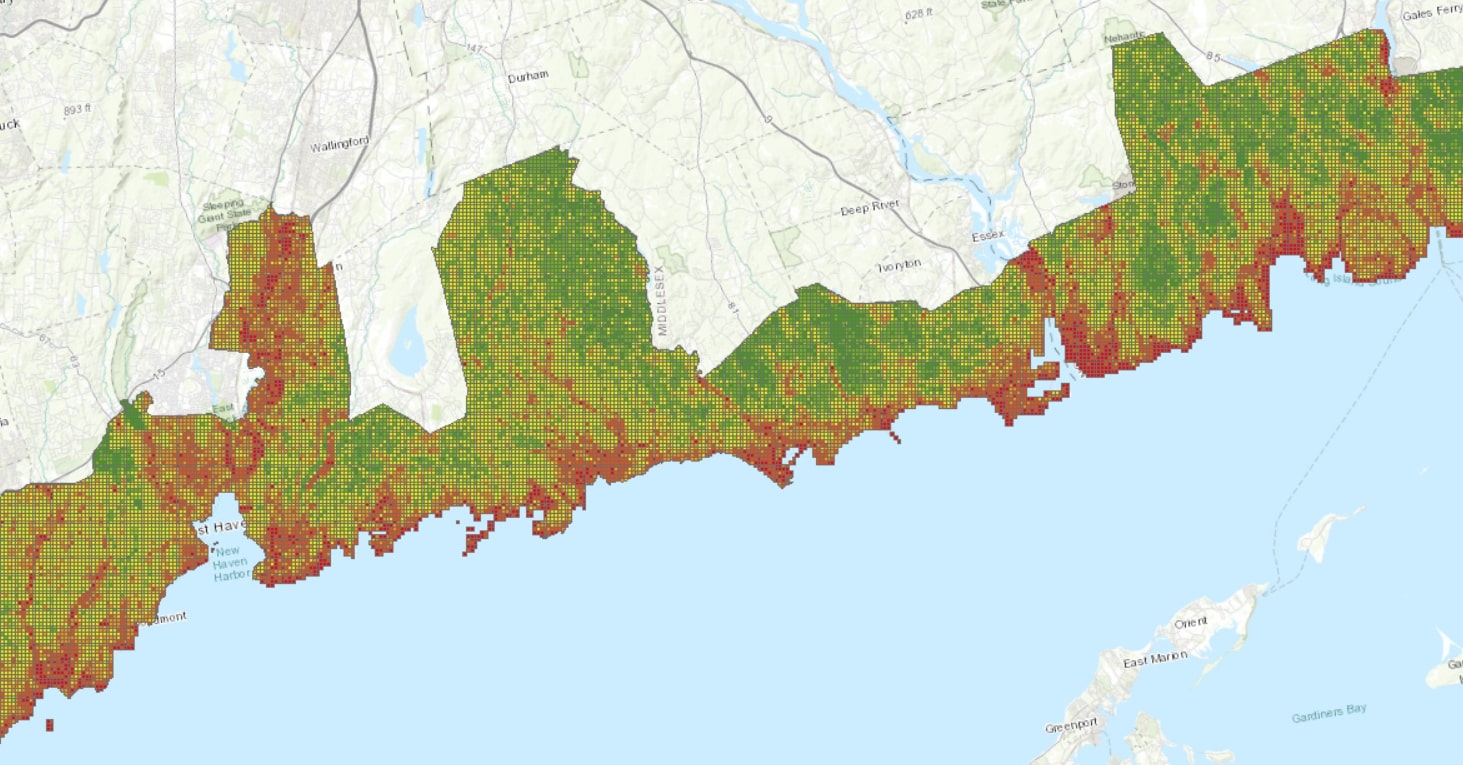 CT map indicating a high to low rank for coastal vulnerability from the impacts of sea level rise.