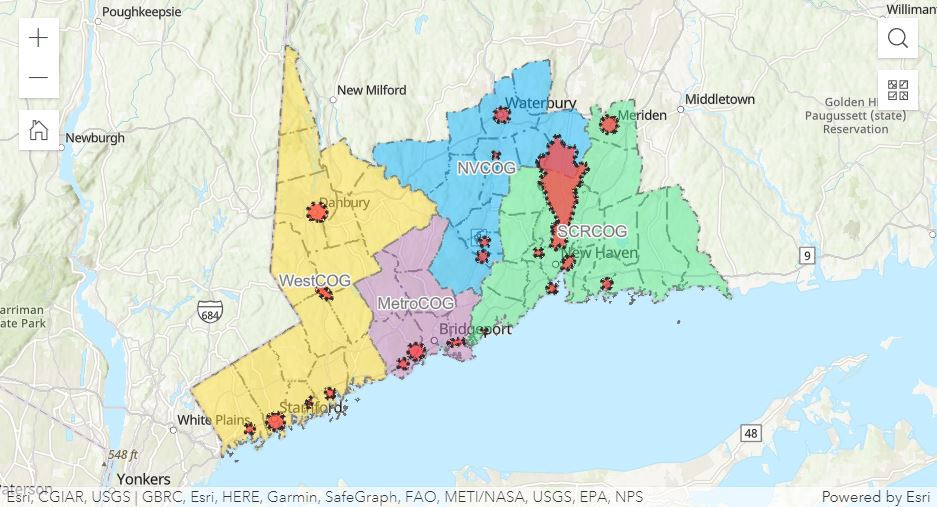 map of CT showing the top 20 Resilience Opportunity Areas in New Haven and Fairfield Counties