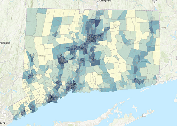 CT map showing socioeconomic and or other distinguishing community characteristics map