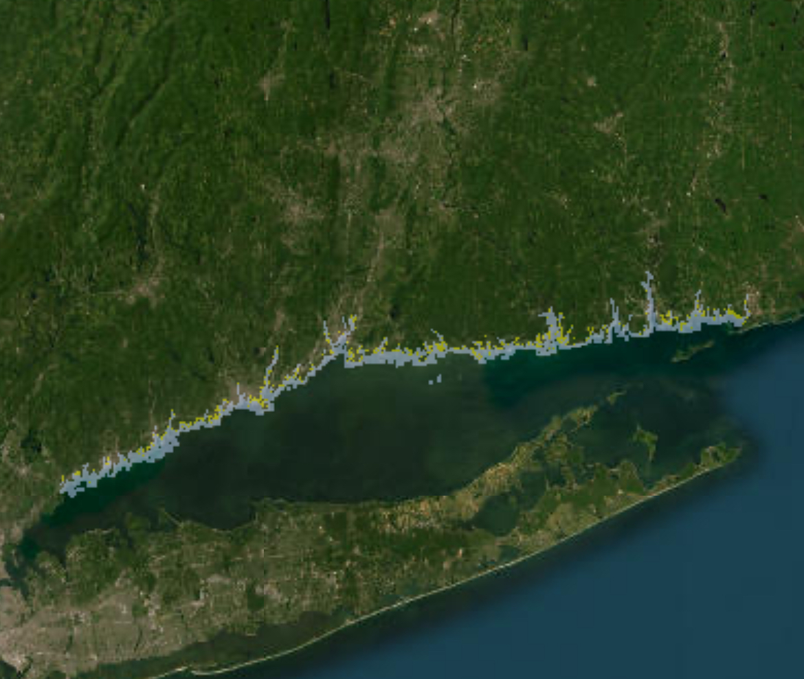 CT map showing shows different flood maps with return periods and sea-level rise projections above a Mean Higher High Water along the Connecticut coastline and the adjacent inland