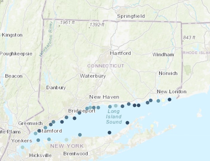 CT map showing the annual exceedance probability (or return period) of storm surge water levels and significant wave height for each of Connecticut's 24 coastal towns